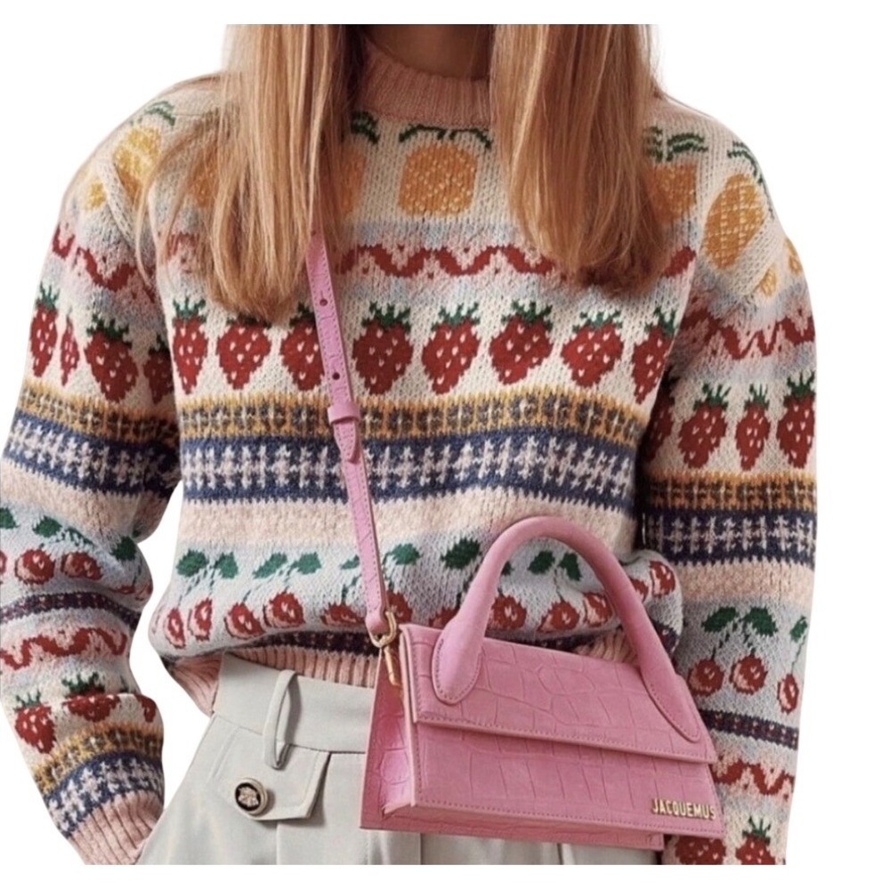 Zara Pink Fruit Fair Isle Knit Sweater Pineapple Strawberry Cherry‎ Large